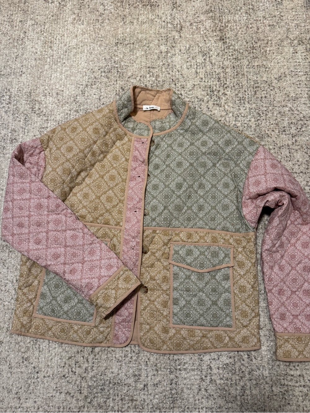 Quilted Patchwork Jacket in Sage, Mauve & Mustard